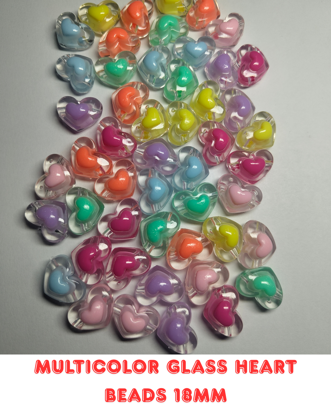 Multicolor Glass Heart Beads 18mm (Pack of 100)