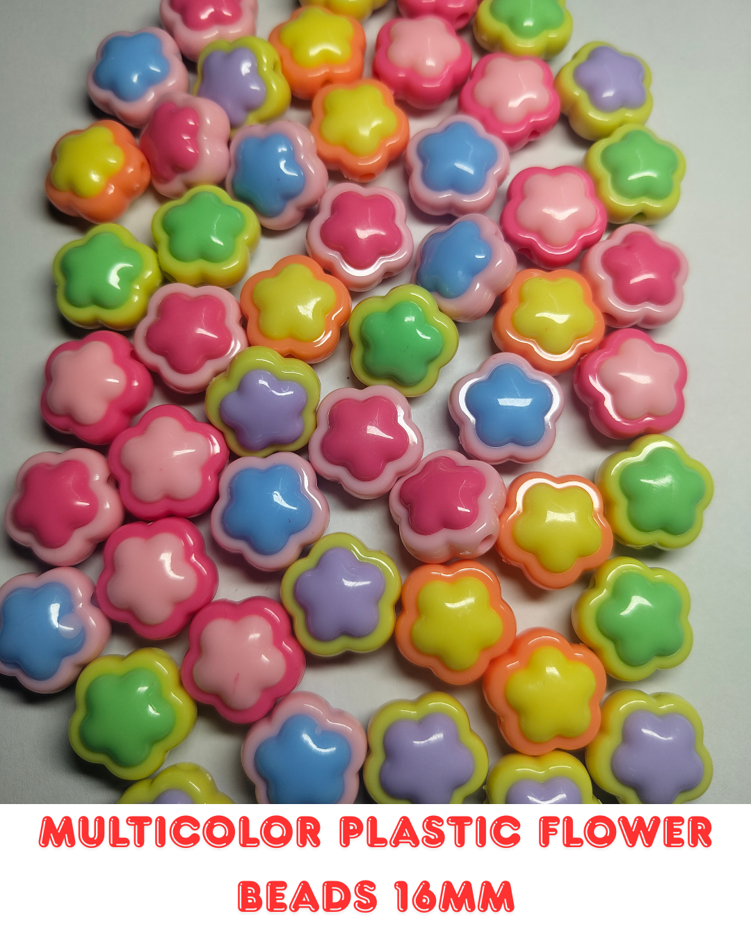 Multicolor Plastic Flower Beads 16mm (Pack of 100)