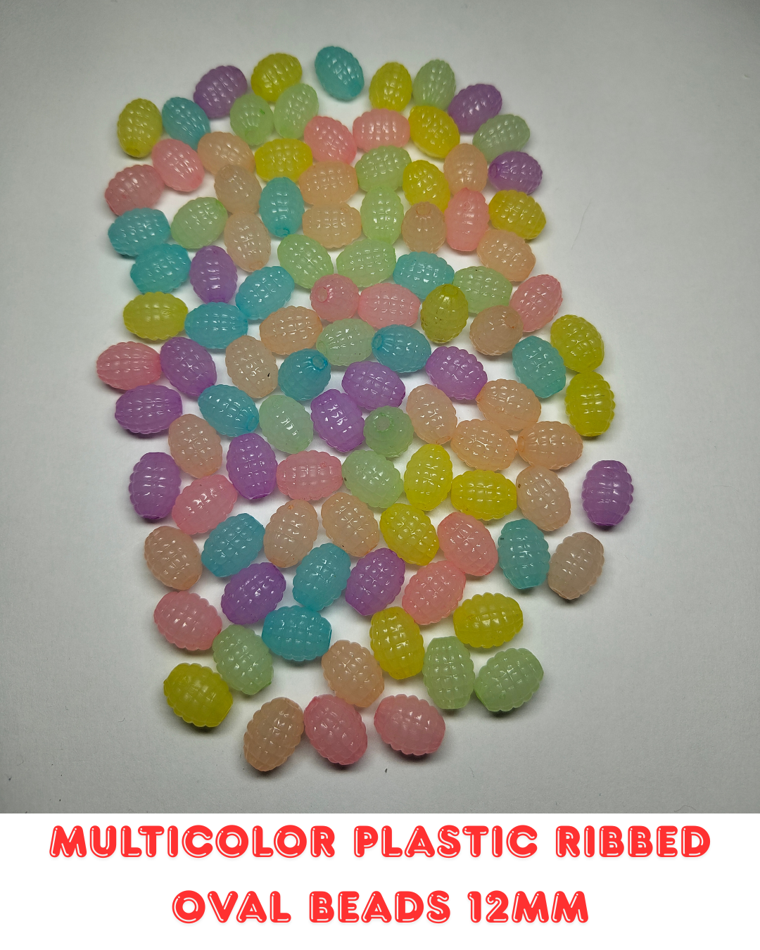 Multicolor Plastic Ribbed Oval Beads 12mm (Pack of 100)