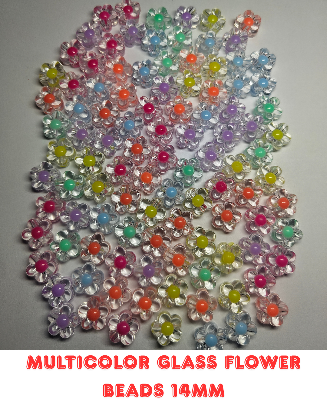 Multicolor Glass Flower Beads 14mm (Pack of 100)
